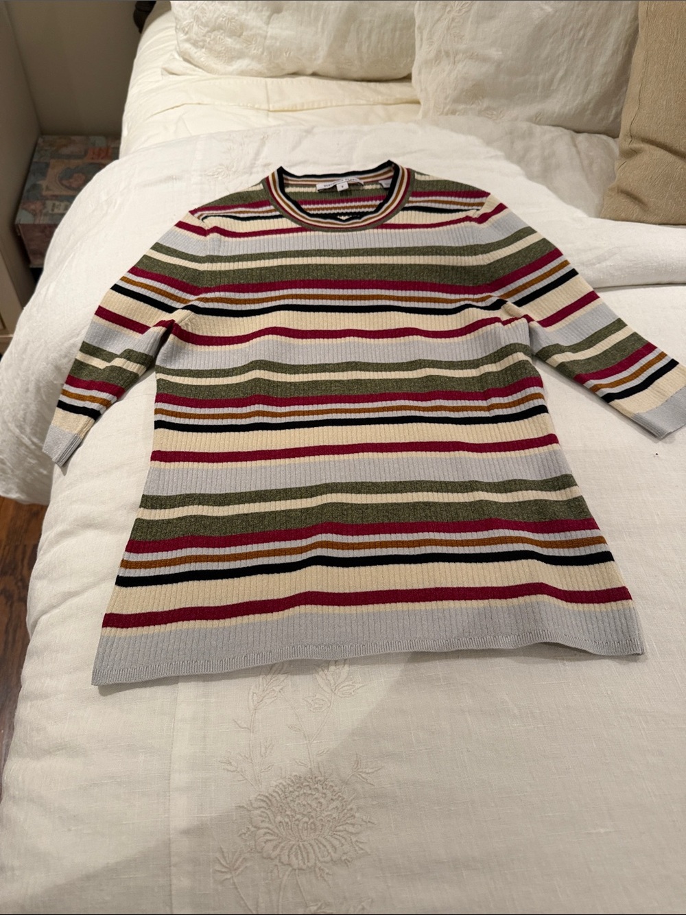 Veronica Beard Striped Crewneck Sweater in Ivory, Olive & Burgundy